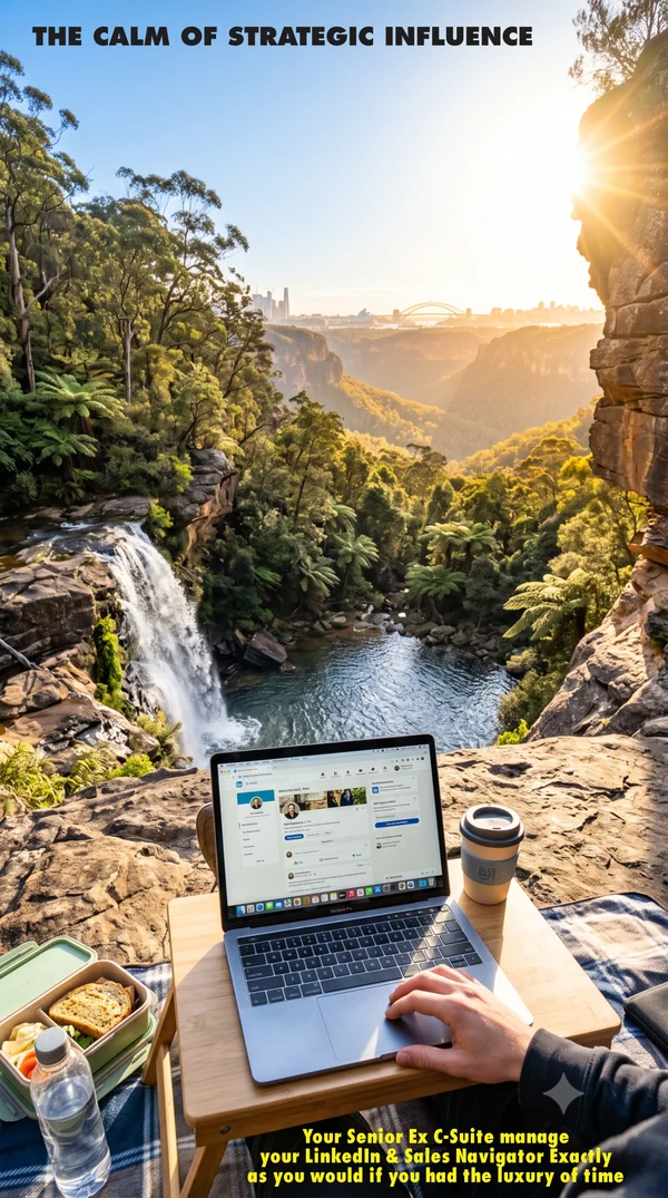 Blue Mountains waterfall — the calm of a senior ex C-Suite operator managing your LinkedIn